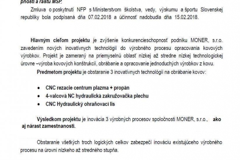 Projekty EÚ / Inovácie v spoločnosti MONER, s.r.o. - foto